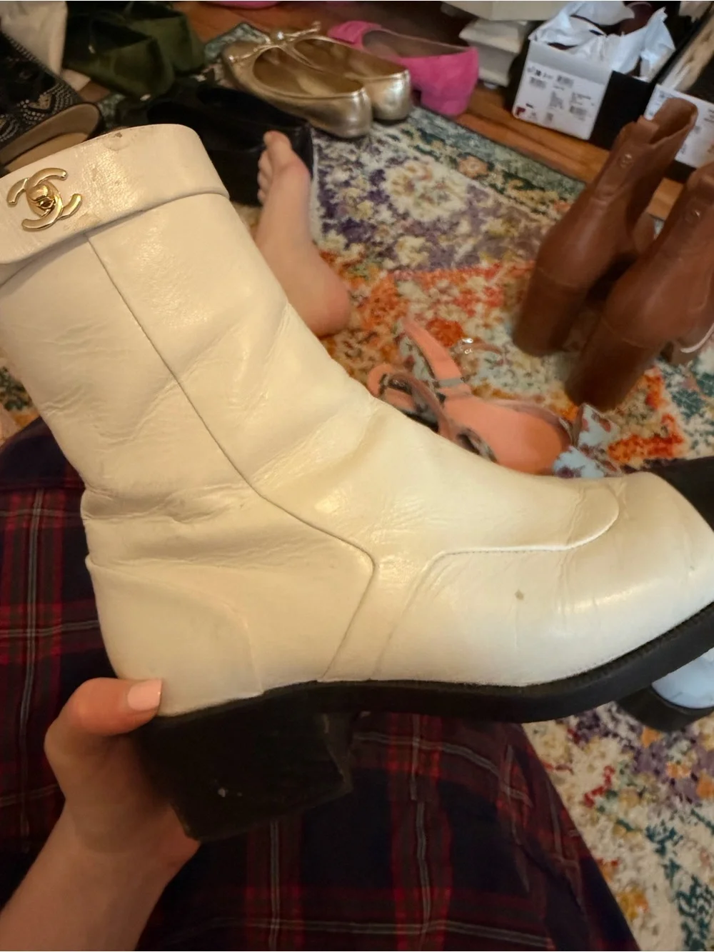 CHANEL White Leather Ankle Boots with Black Cap Toes